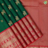 Green with gold zari cow and lotus butta design reddish pink silver gold zari cow and lotus lines border traditional silk saree