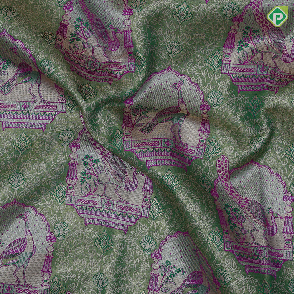 Mint green and thread work peacock in mandap design pink gold zari floral border tissue art silk saree