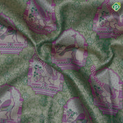 Mint green and thread work peacock in mandap design pink gold zari floral border tissue art silk saree