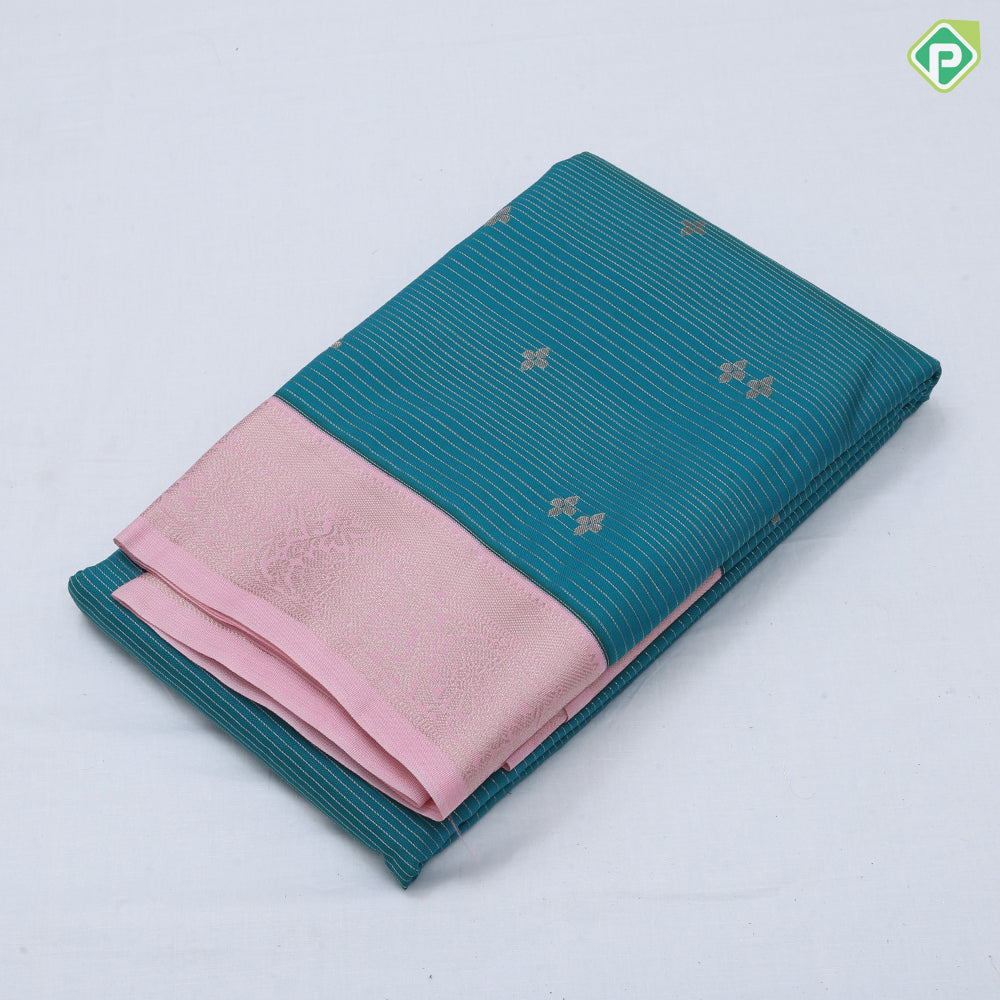 Tomato red gold zari lines and star butta design sky blue neem zari rangoli border art silk saree