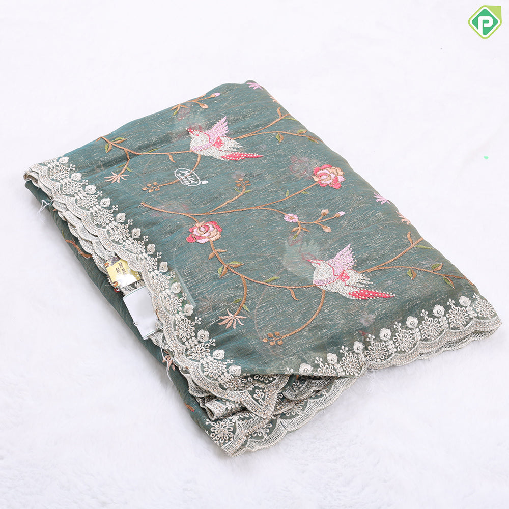 Porpoise grey tissue effect floral embroidered design edge cut work border Holly wood fancy saree