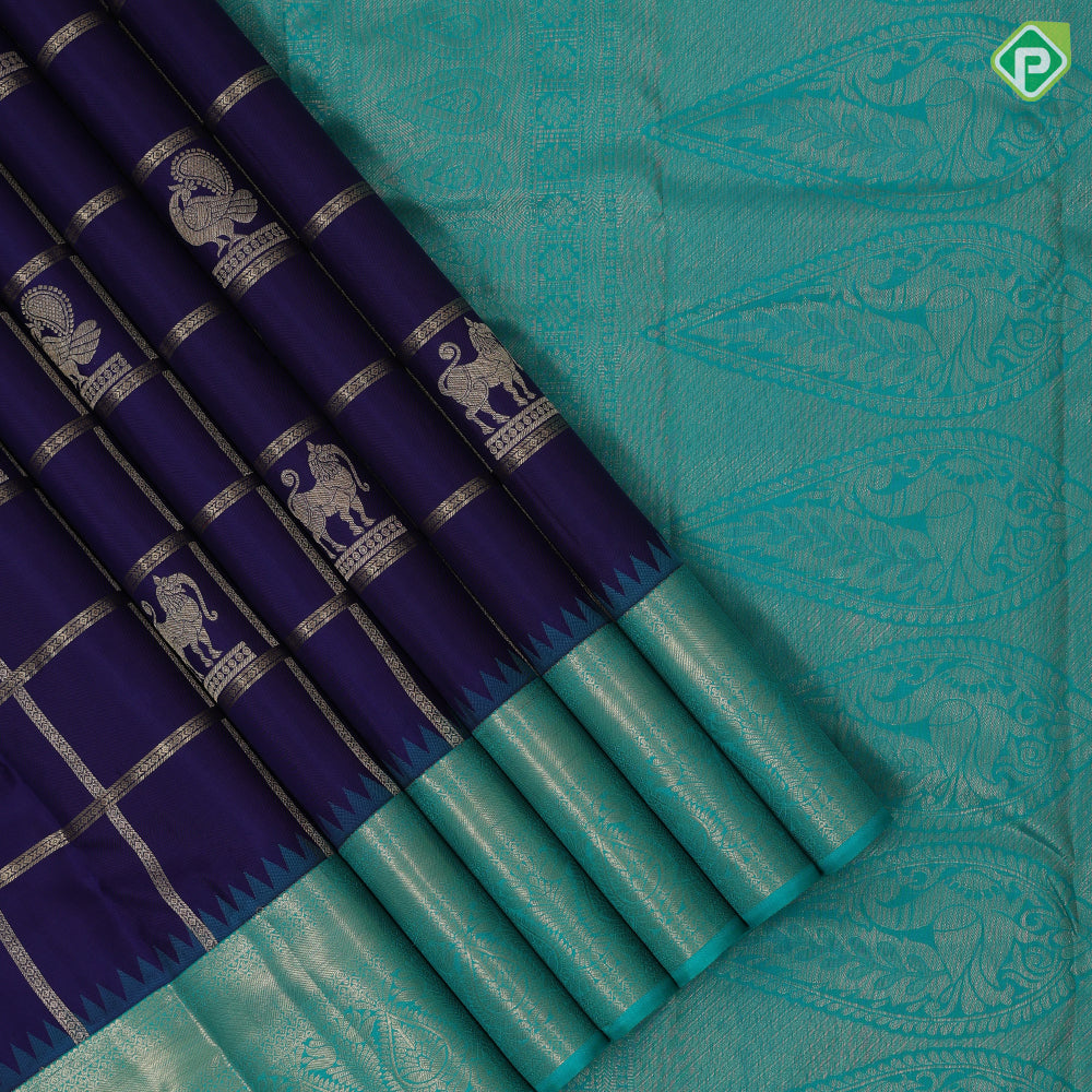 Night blue silver gold zari yaali butta window panel checks rexona green silver gold zari thilagam butta border traditional silk saree