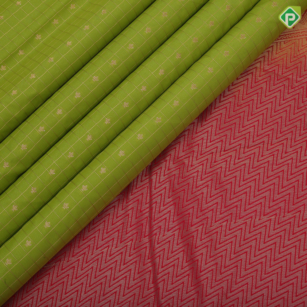 Parrot green gold zari checks and kamalam butta rani pink gold zari border art silk saree