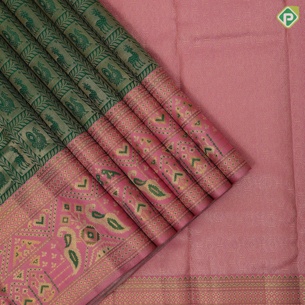 Forest green gold zari deer and peacock framed checks baby pink gold zari paithani border bridal tissue silk saree