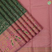 Forest green gold zari deer and peacock framed checks baby pink gold zari paithani border bridal tissue silk saree