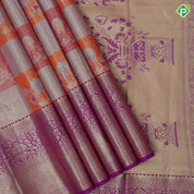 Orange base multi color double sparrow design rani pink gold zari grand border tissue art silk saree