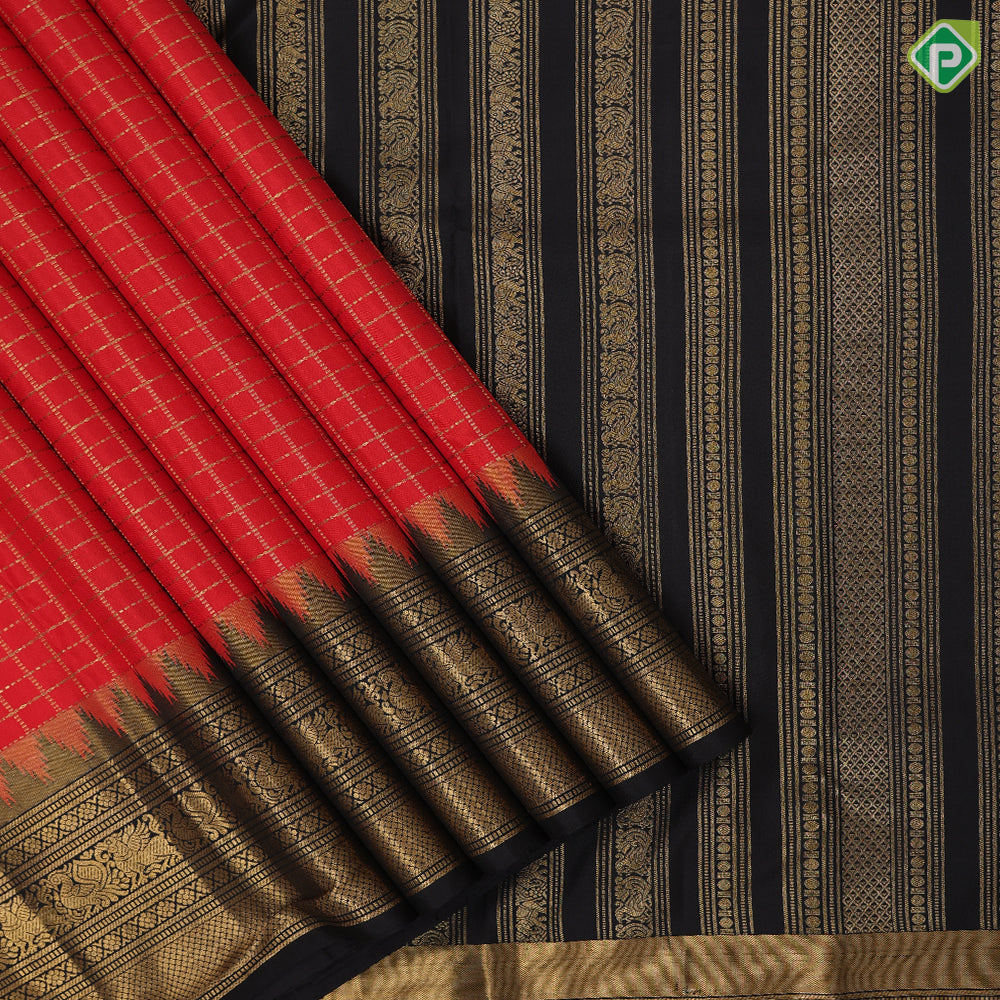 Tomato red gold zari gold zari kattam design black gold zari temple gaja yaali annam butta border traditional vintage silk saree