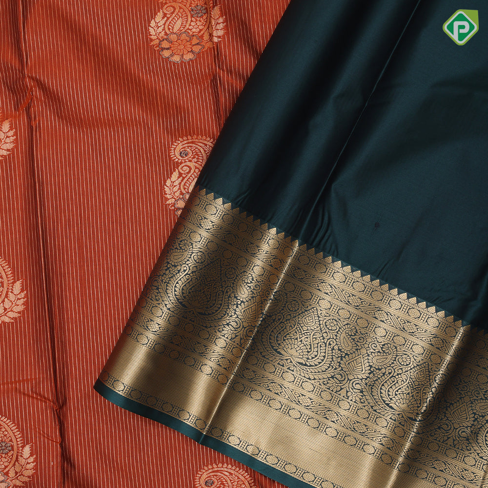Honey orange gold zari stripes and fancy mango meena work army green gold zari thilagam border art silk saree