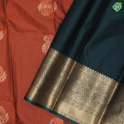 Honey orange gold zari stripes and fancy mango meena work army green gold zari thilagam border art silk saree