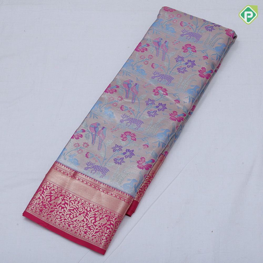 Pewter pink base multi color wild effect design dark green gold zari floral birds design border tissue art silk saree