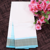 Cream White Rama Blue Gold Zari Mayikan Border Vest Dhoti Shirt and Towel 3 in 1 Set