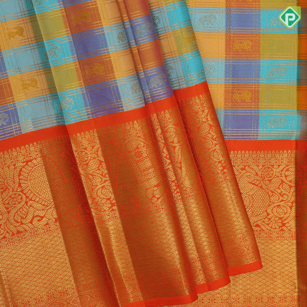 Multi color checks gold zari checks and gaja yaali butta orange with gold zari double design border tissue pattu paavadai
