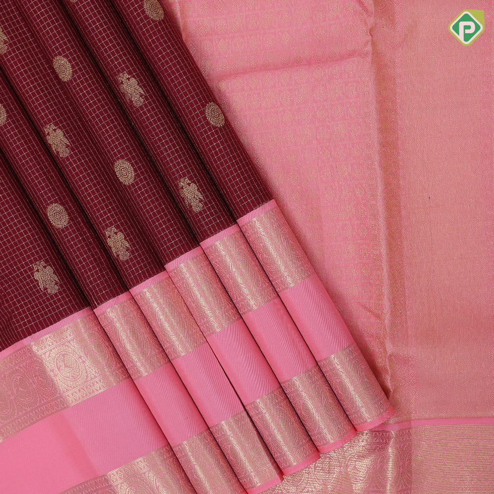 dark maroon gold zari kaatam butta design pale pink gold zari retta pett border traditional silk saree