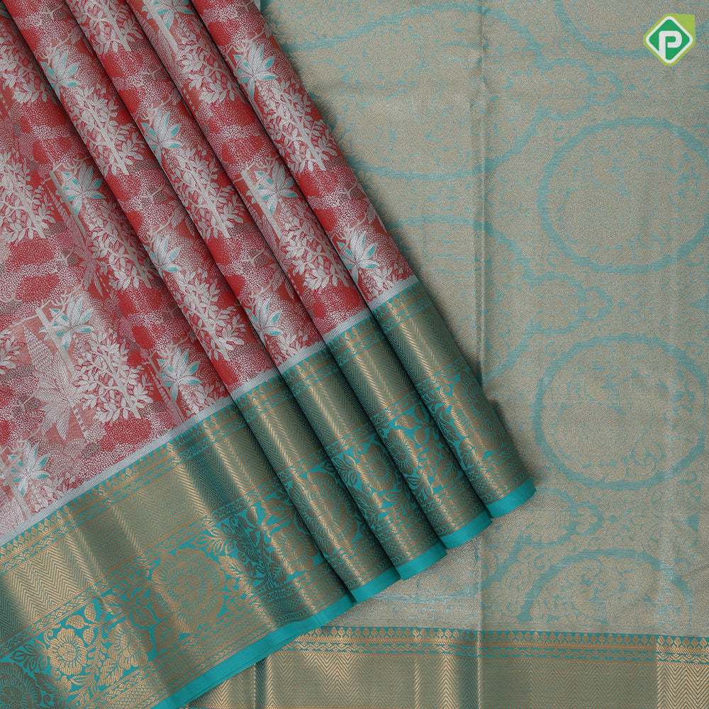 Orangish pink silver zari painting design rexona green gold zari flower butta border tissue art silk saree