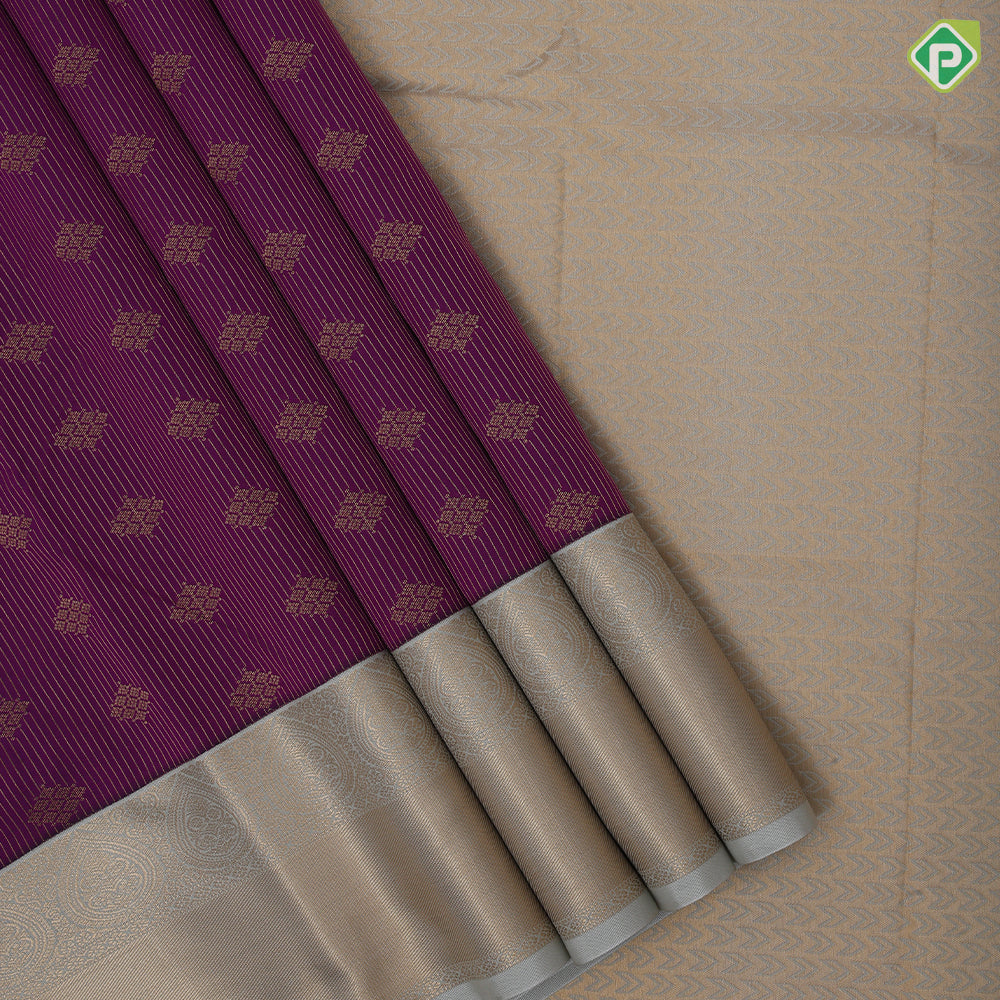 Purple gold zari stripes and square fancy butta design greyish gold zari thilagam butta border art silk saree