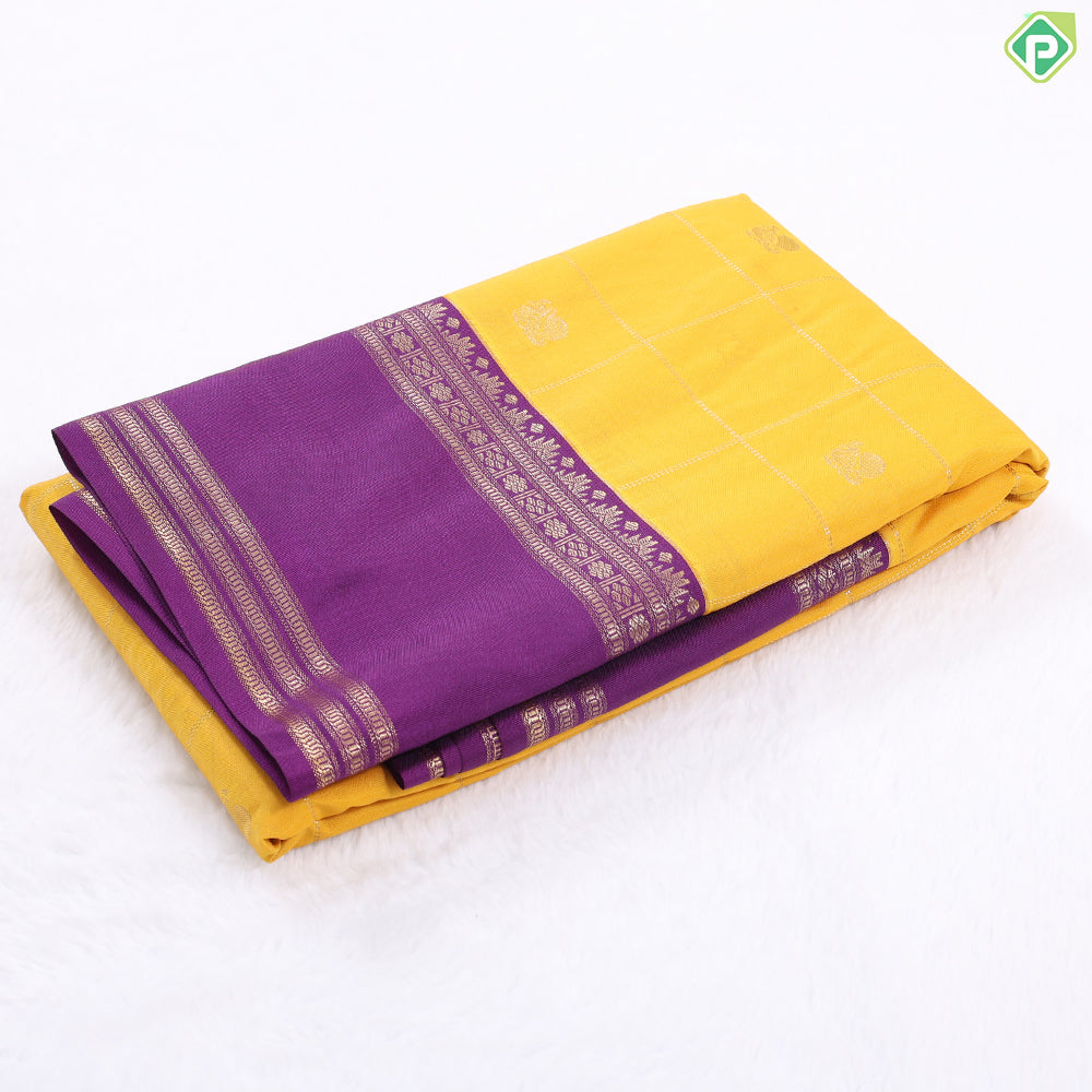 Parrot green gold zari checkered peacock butta design contrast purple rettapet border art silk gift saree
