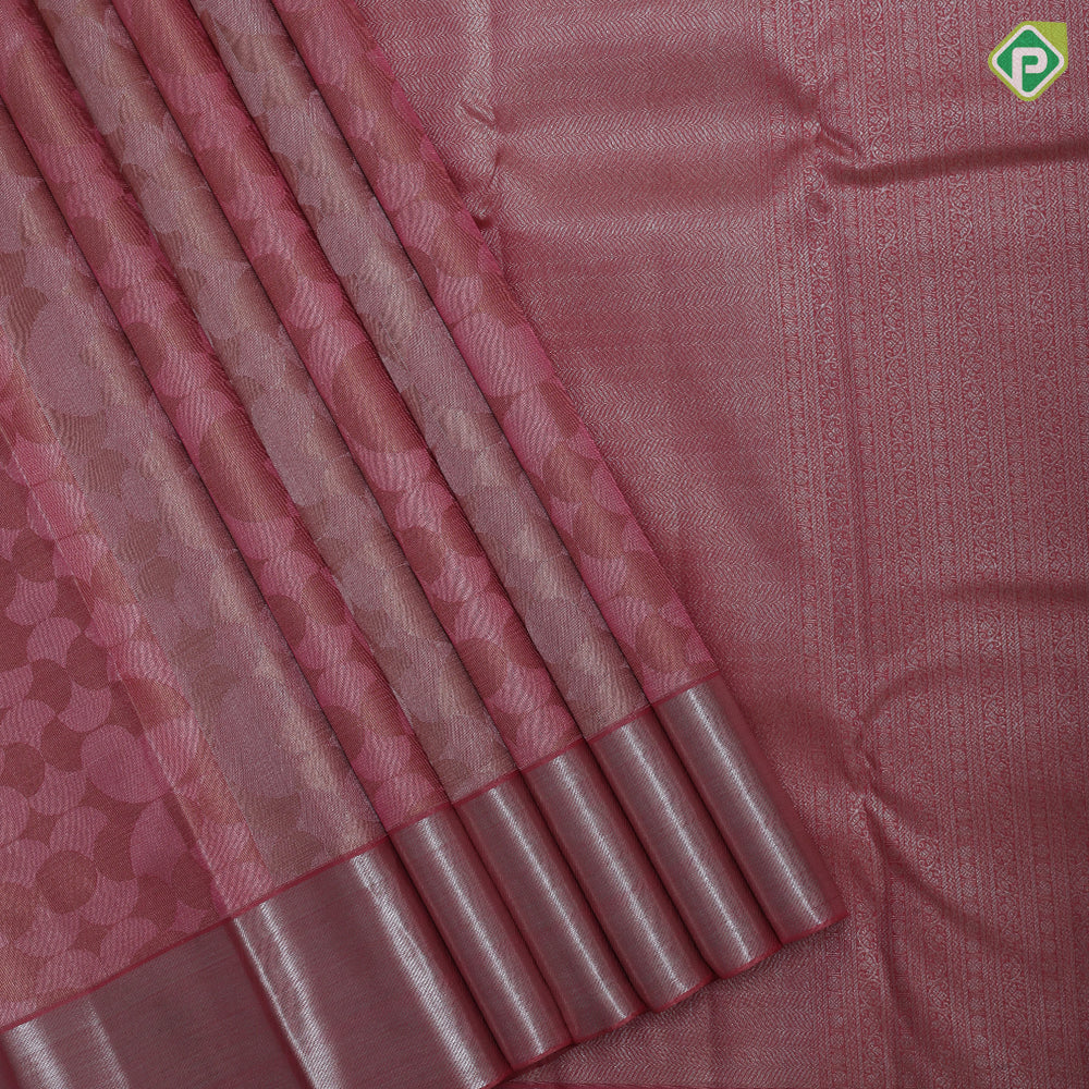Peach pink base silver zari bubble tissue weaved self silver zari bavanji border trendy designer silk saree