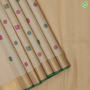Sandal and multi color silk thread peacock chakkaram butta self gold zari and green edge border traditional silk saree