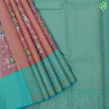 Peach base gold zari heart butta and ikkat design rexona green gold zari floral korvai border fusion silk saree
