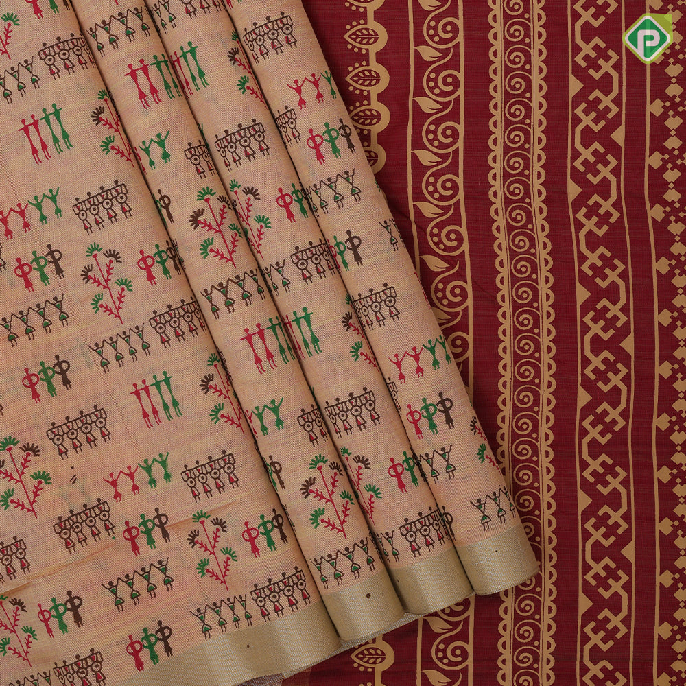 Peach Pink Printed Design Plan Tissue Type Border Design Fancy Cotton Saree