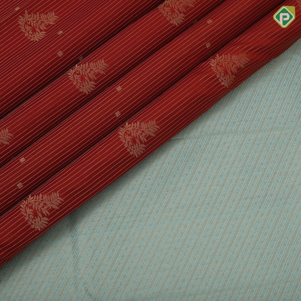 Rust color gold zari stripes and flower creeper butta sea blue gold zari peacock butta border art silk saree