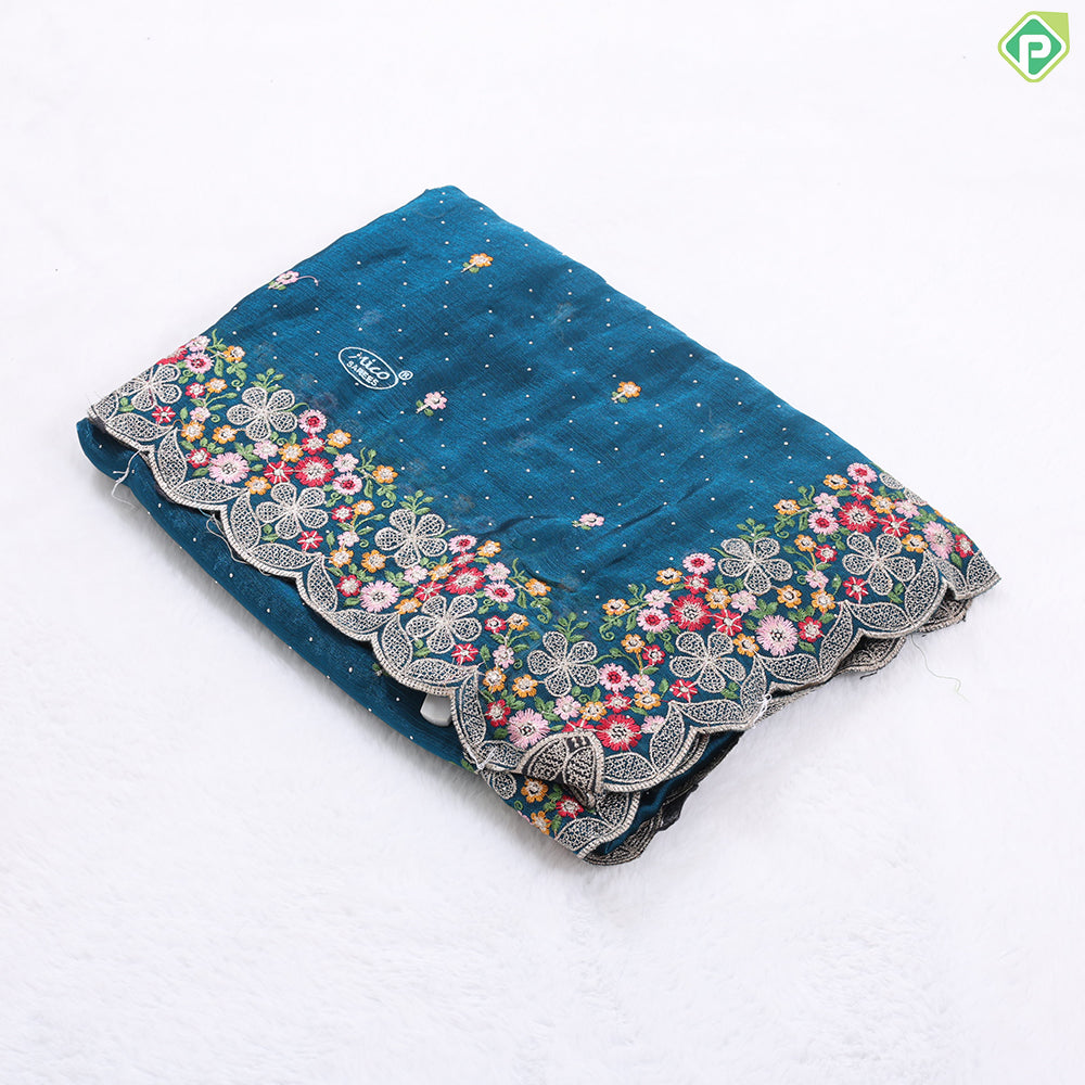 Peacock green embroidered flower and stone work design muti color cutwork border Hollywood fancy saree