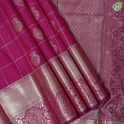 Rani pink gold zari double peacock deer round butta self gold zari flower and diamond border art silk saree