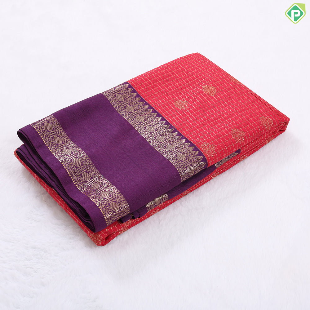 purple blue gold zari kattam and butta design contrast pink rettapet border art silk gift saree