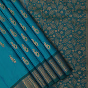 Peacock Blue Gold Zari Peacock Motif Design Green Mango Peacock Border Design Pure Mix Silk Saree