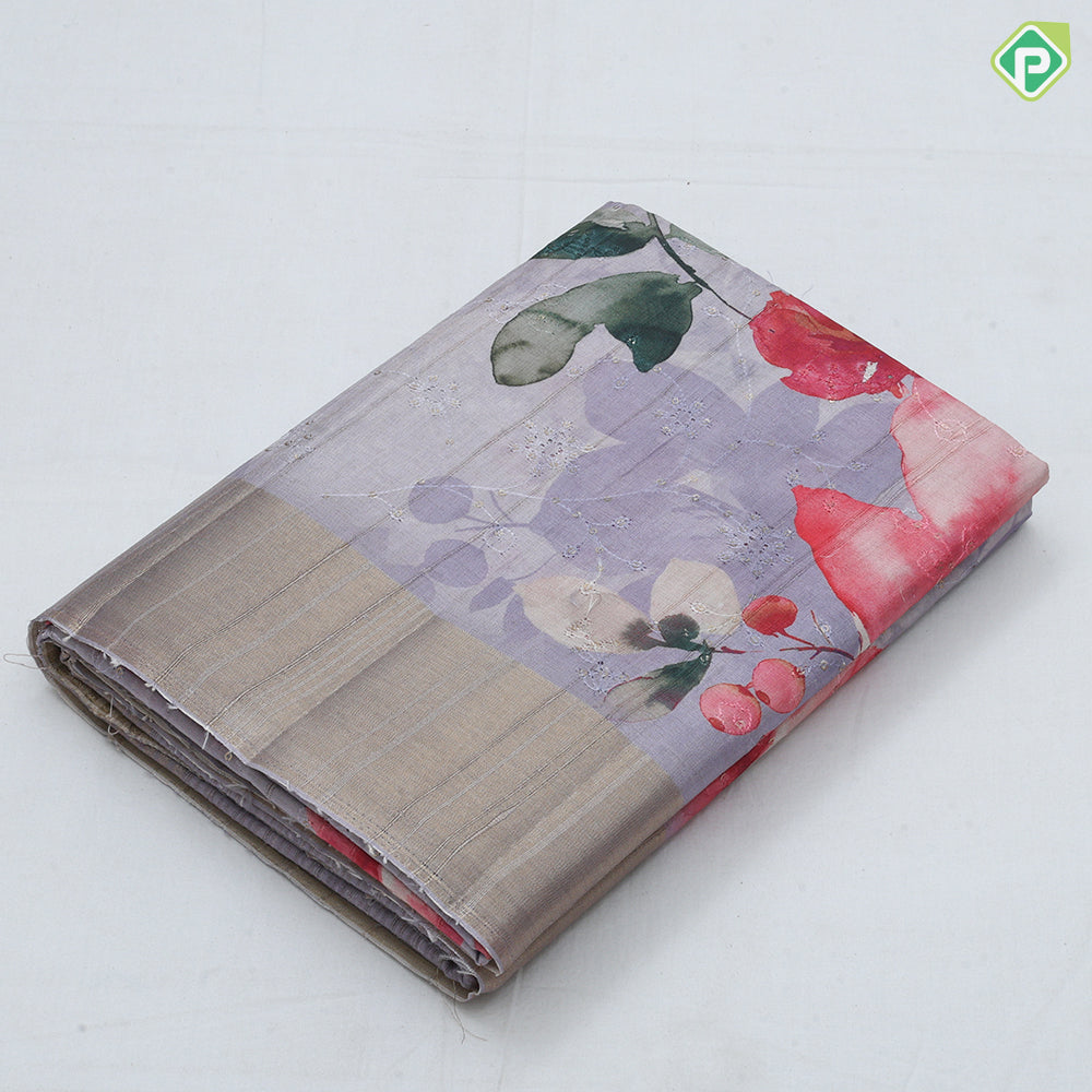 peach flower print and embroidered design gold zari plain border fancy cotton saree