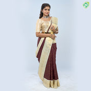 Brownish maroon gold zari vairaoosi lines design contrast milk white gold zari peacock butta border traditional vintage silk saree