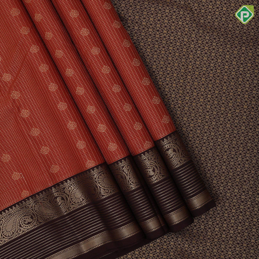 Rust Orange gold zari checks and flower butta design brown gold zari fancy mango butta border art silk saree