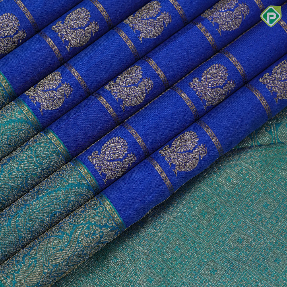 Royal blue gold zari peacock butta window panel kattam peacock green gold zari banaras style border Navratri special silk saree