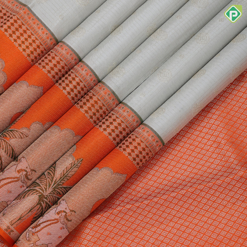 Greyish white silver zari checks and butta motifs contrast orange silver zari village effect pichwai border silk saree