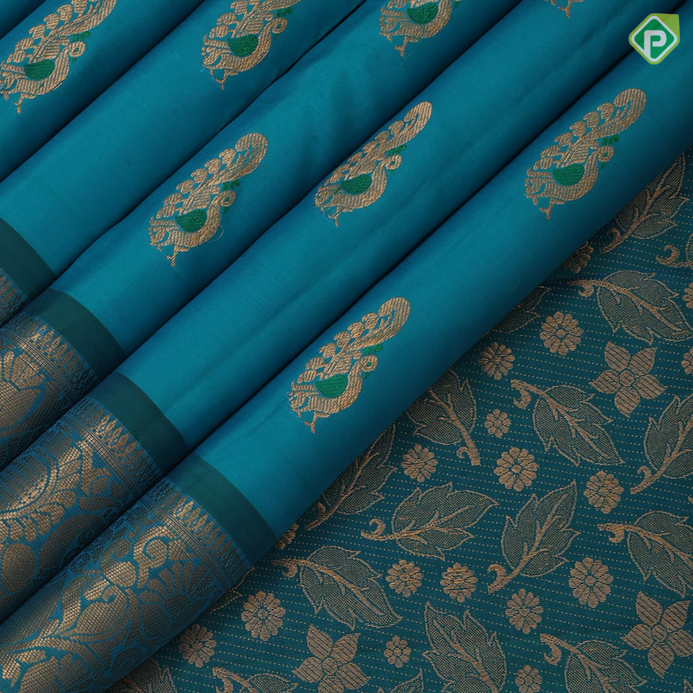Peacock Blue Gold Zari Peacock Motif Design Green Mango Peacock Border Design Pure Mix Silk Saree
