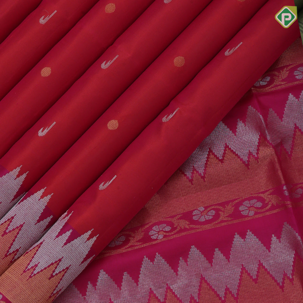 reddish pink hocky stick and ball design rani pink silver gold zari wave and rangoli border soft silk saree