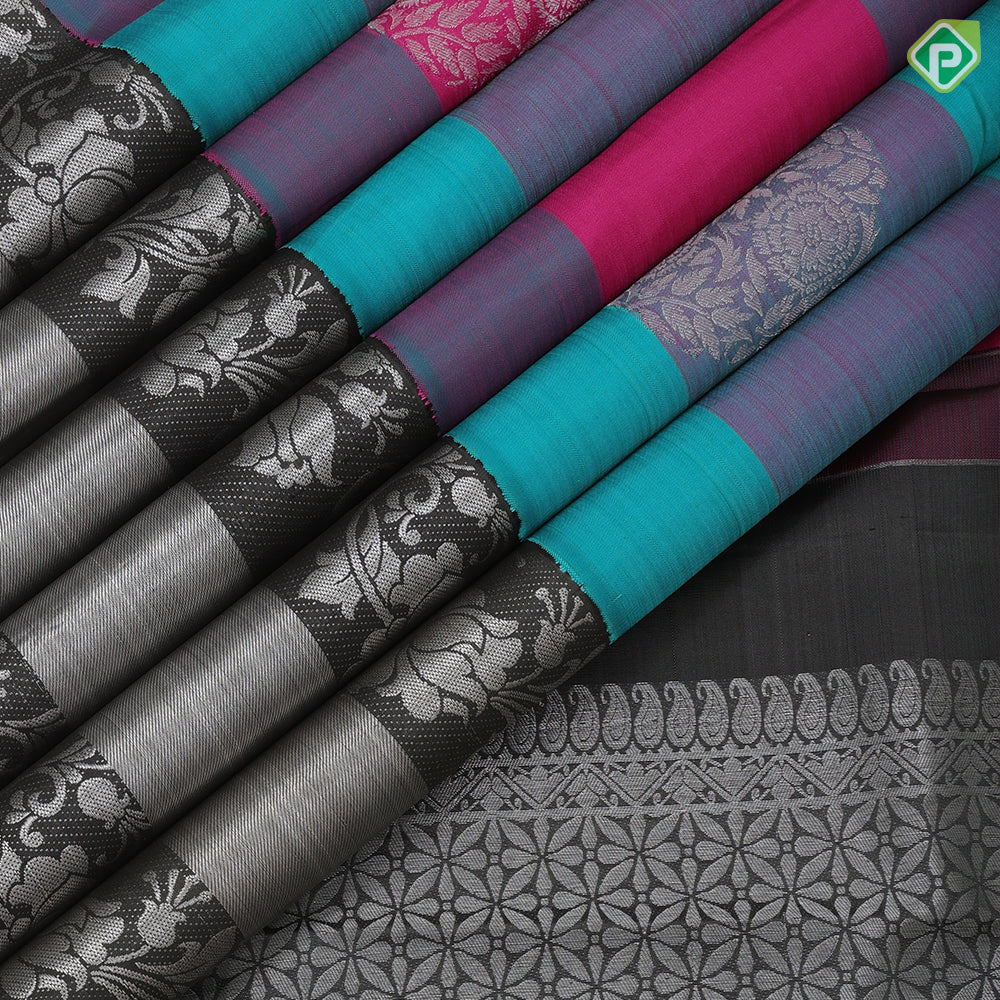 Multi Colour Silver Zari Floral Design Gray Lotus Floral Border Design Trendy Fancy Silk Saree