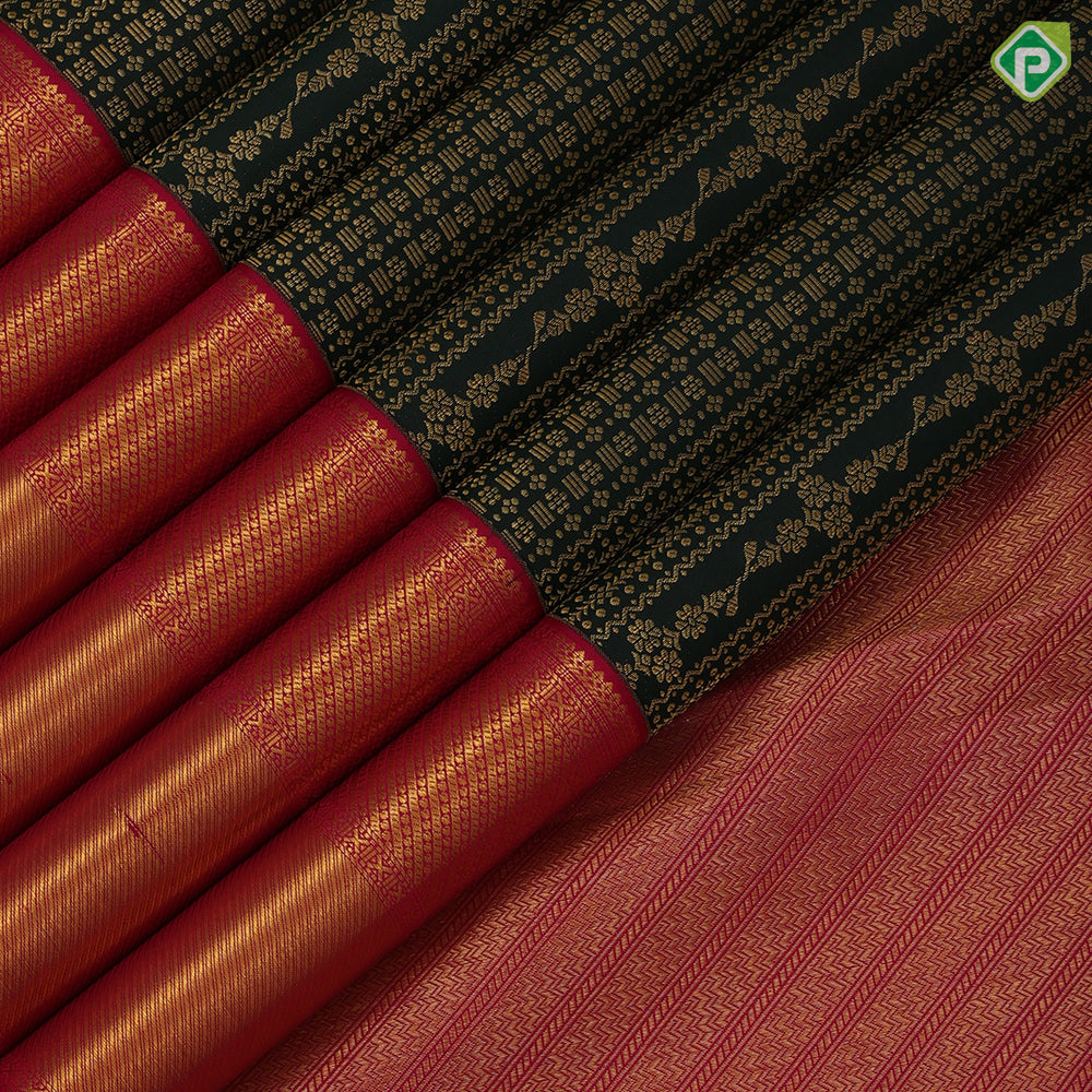 Bottle Green Gold Zari Floral Brocade Design Dark Pink Ruthracham Bavanji Border Design Wedding Silk Saree