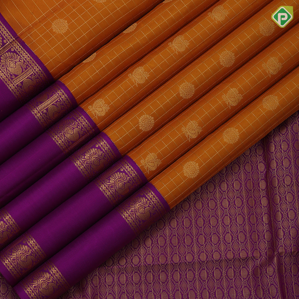 Mustard Yellow Gold Zari Small Checks Chagaram Peacock Design Hot Pink Peacock Border Design Traditional Silk Saree