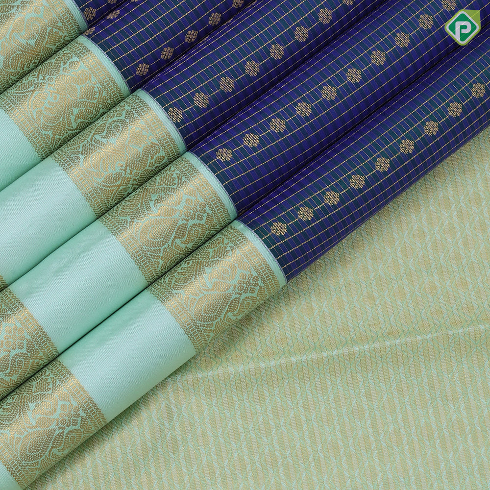 Peacock blue gold zari checks and beads design pista green gold zari rettapet border gift silk saree