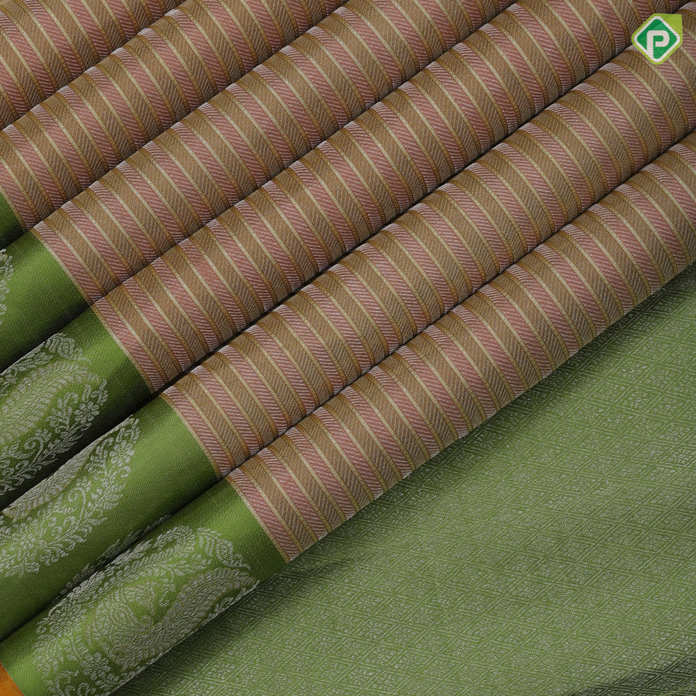 cream colour shades with silver gold zari thread work lines contrast leaf green silver gold zari fancy annam butta border traditional silk saree