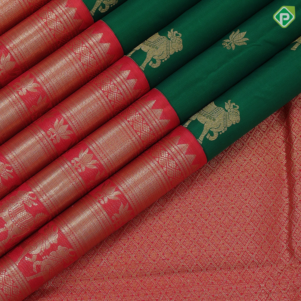 Green with gold zari cow and lotus butta design reddish pink silver gold zari cow and lotus lines border traditional silk saree