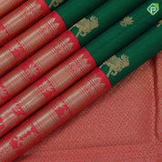 Green with gold zari cow and lotus butta design reddish pink silver gold zari cow and lotus lines border traditional silk saree