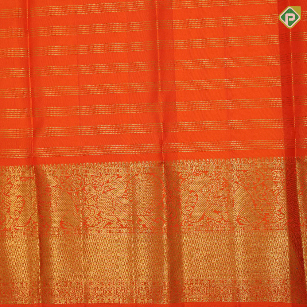 Multi color checks gold zari checks and gaja yaali butta orange with gold zari double design border tissue pattu paavadai
