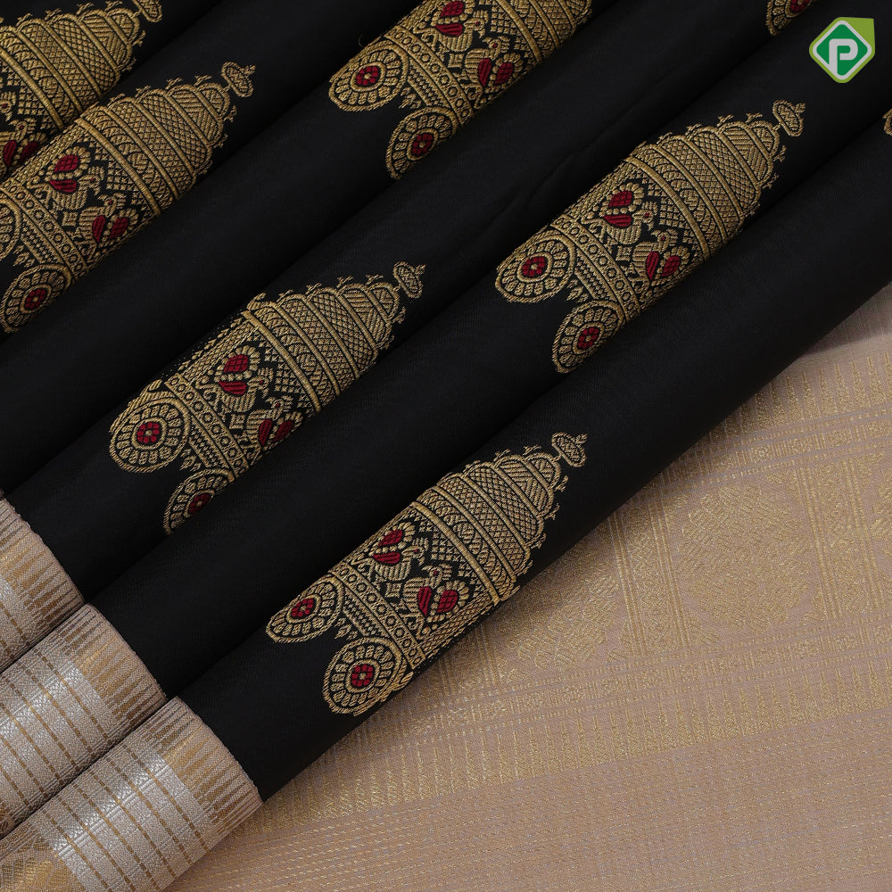 Luxury black gold zari chariot meena work design peach silver gold zari flower and lines border traditional silk saree