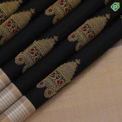 Luxury black gold zari chariot meena work design peach silver gold zari flower and lines border traditional silk saree