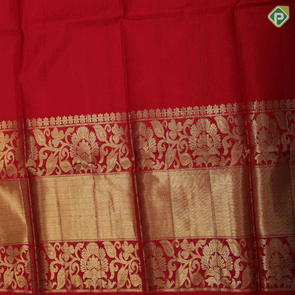 Multi color digital printed design Rani red gold zari double side rangoli design mid bavanji border pattu paavadai lehanka