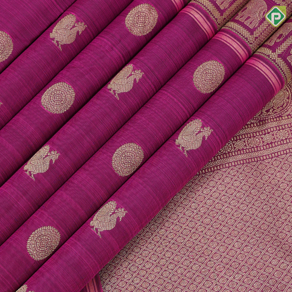 Purple gold zari elephant peacock butta checks self peacock chakkaram butta high border signature silk saree