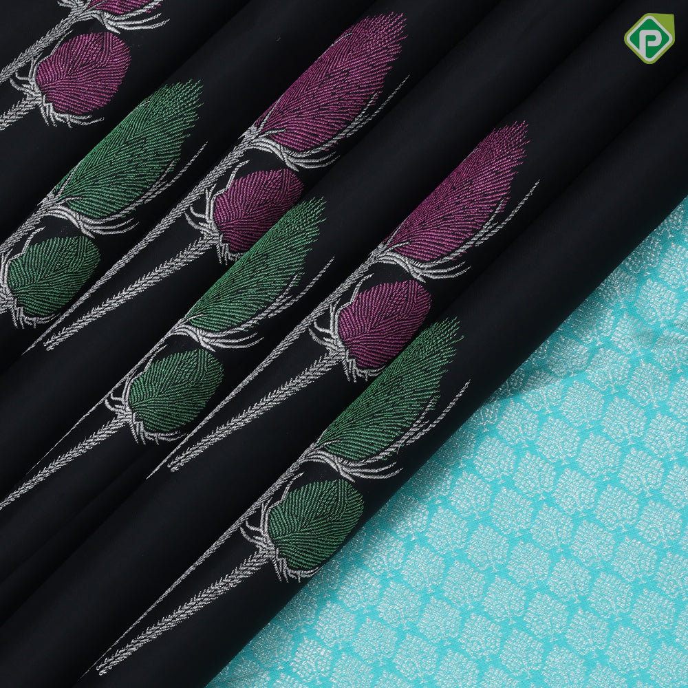 Black Colour Silver Zari Peacock Feather Butta Design Border Less Luxury Black Silk Saree