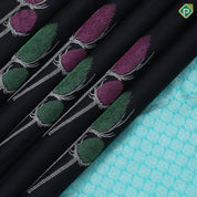 Black Colour Silver Zari Peacock Feather Butta Design Border Less Luxury Black Silk Saree